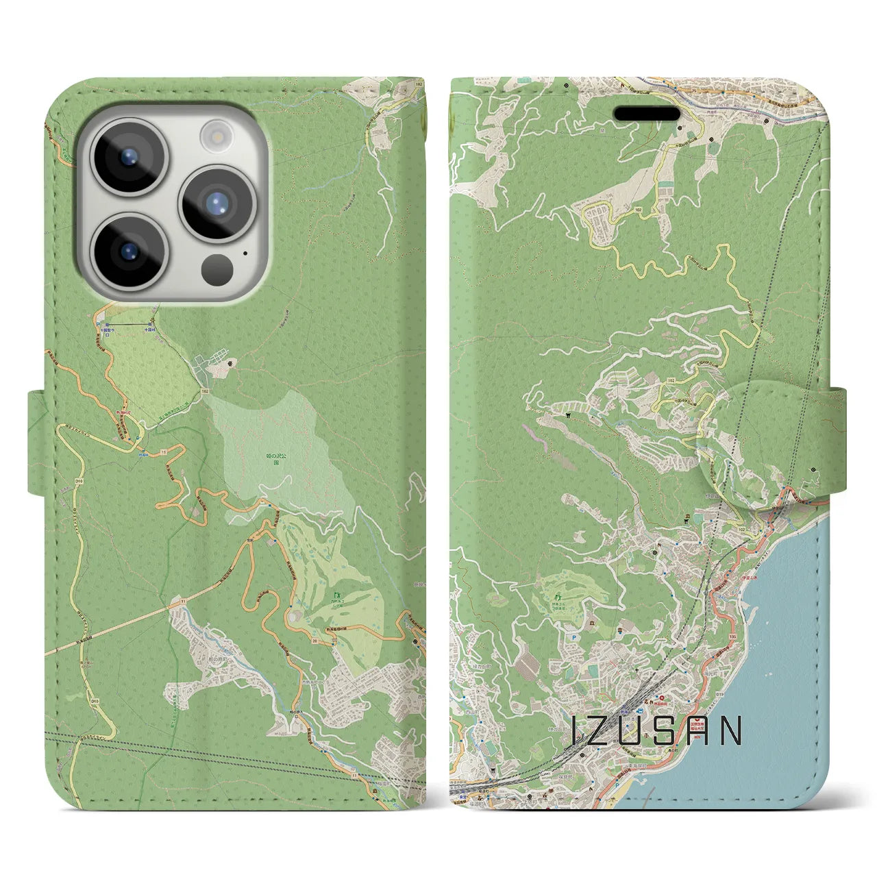 【伊豆山(静岡県)】地図柄iPhoneケース(手帳タイプ)ナチュラル・iPhone 15 Pro 用