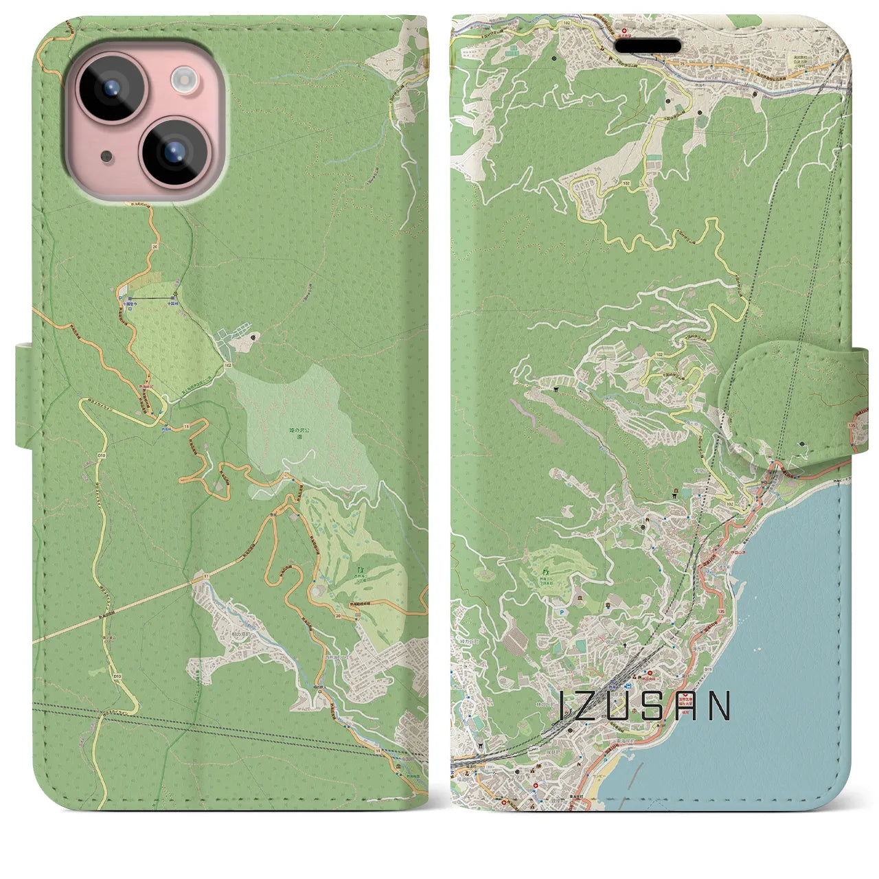 【伊豆山(静岡県)】地図柄iPhoneケース(手帳タイプ)ナチュラル・iPhone 15 Plus 用