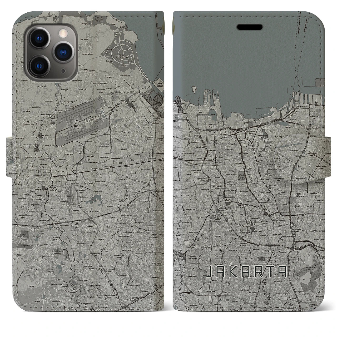 【ジャカルタ(インドネシア)】地図柄iPhoneケース(手帳タイプ)モノトーン・iPhone 11 Pro Max 用