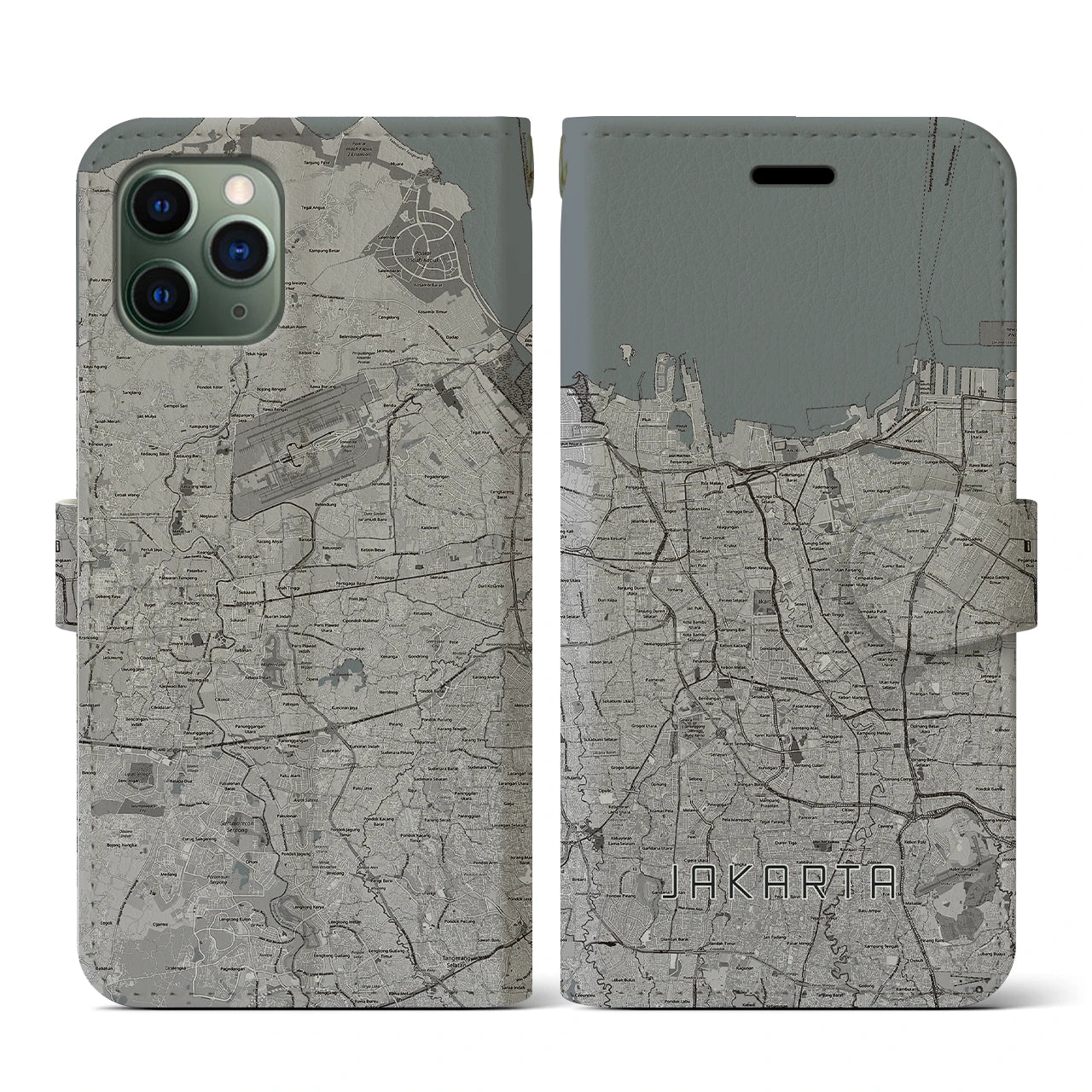 【ジャカルタ(インドネシア)】地図柄iPhoneケース(手帳タイプ)モノトーン・iPhone 11 Pro 用