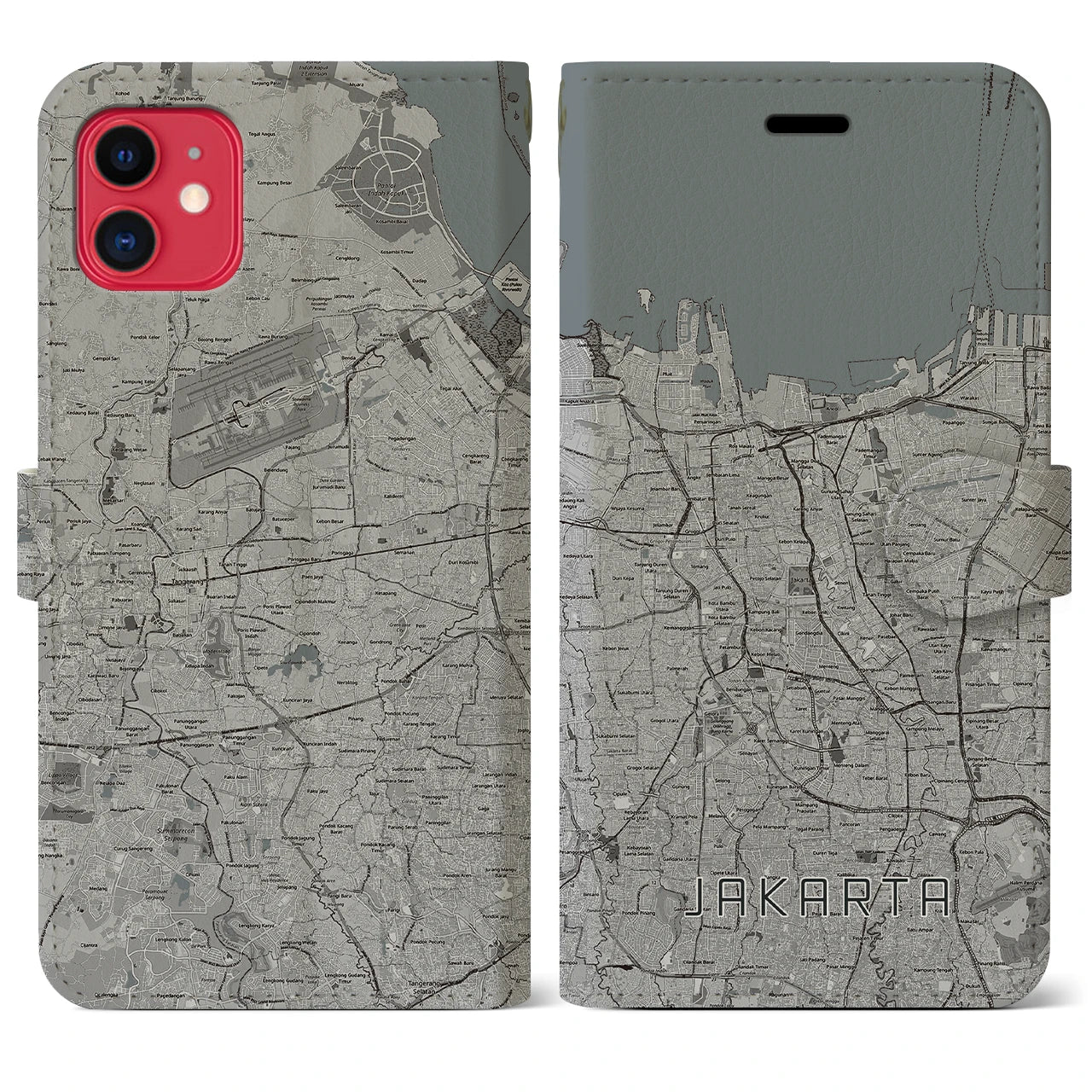 【ジャカルタ(インドネシア)】地図柄iPhoneケース(手帳タイプ)モノトーン・iPhone 11 用