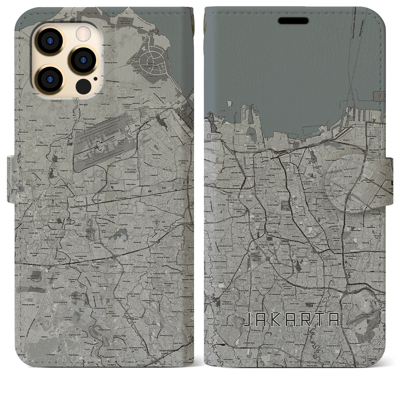【ジャカルタ(インドネシア)】地図柄iPhoneケース(手帳タイプ)モノトーン・iPhone 12 Pro Max 用