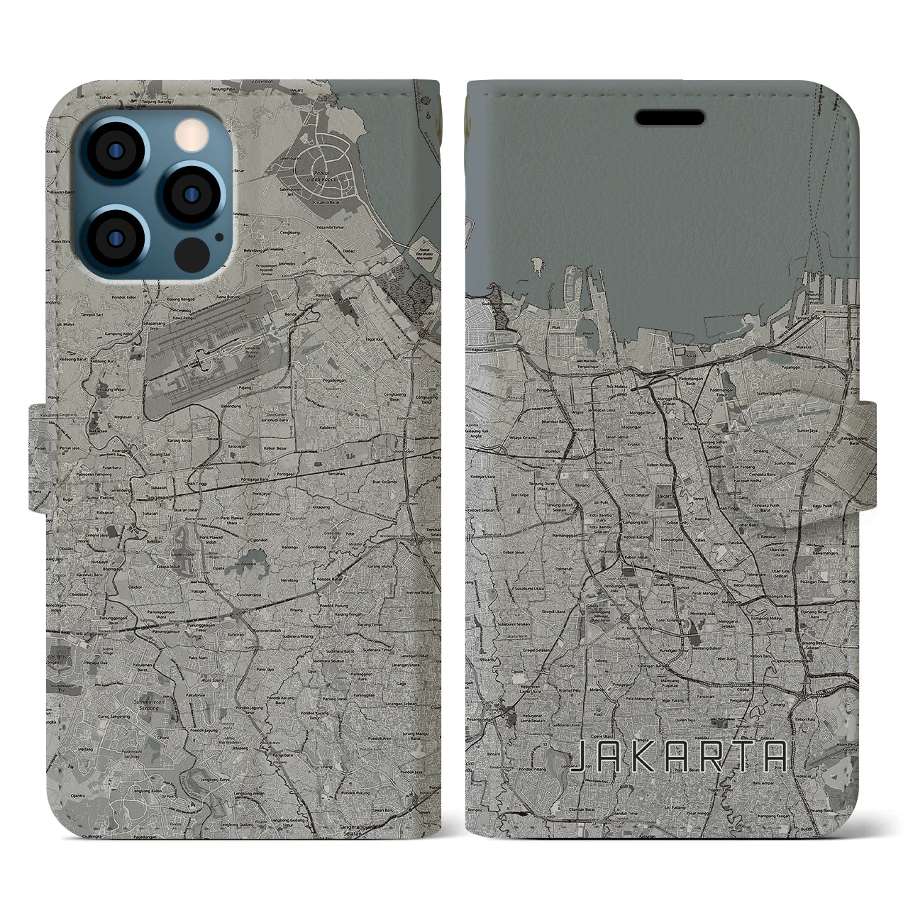 【ジャカルタ(インドネシア)】地図柄iPhoneケース(手帳タイプ)モノトーン・iPhone 12 / 12 Pro 用