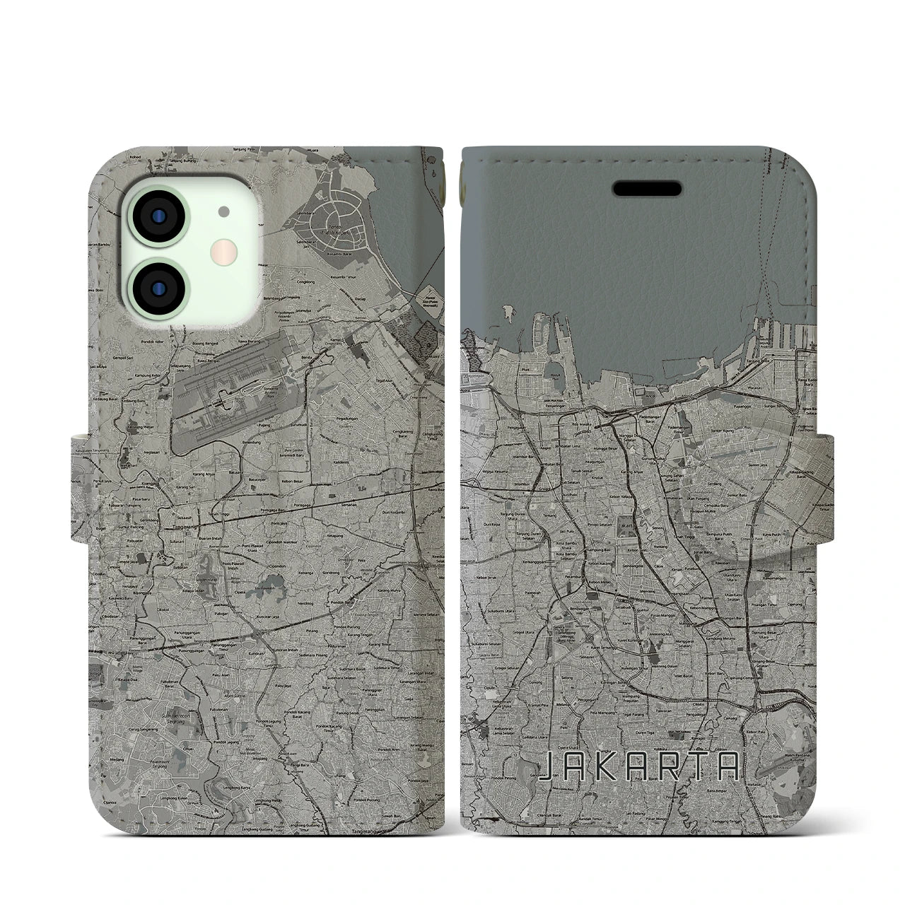 【ジャカルタ(インドネシア)】地図柄iPhoneケース(手帳タイプ)モノトーン・iPhone 12 mini 用