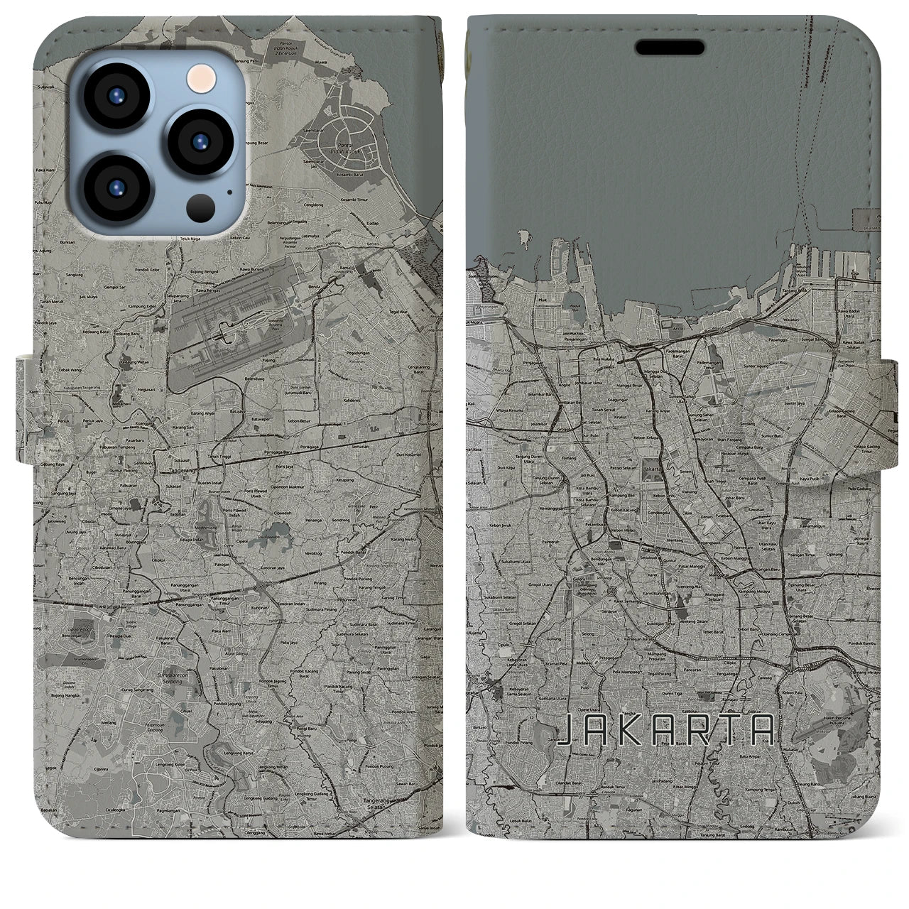 【ジャカルタ(インドネシア)】地図柄iPhoneケース(手帳タイプ)モノトーン・iPhone 13 Pro Max 用