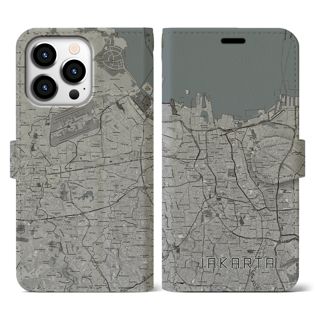 【ジャカルタ(インドネシア)】地図柄iPhoneケース(手帳タイプ)モノトーン・iPhone 13 Pro 用