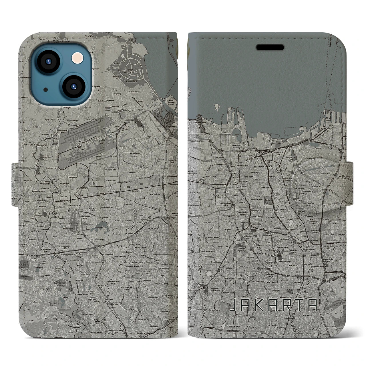 【ジャカルタ(インドネシア)】地図柄iPhoneケース(手帳タイプ)モノトーン・iPhone 13 用