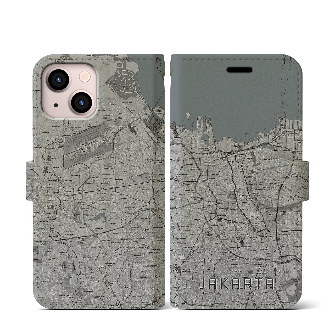 【ジャカルタ(インドネシア)】地図柄iPhoneケース(手帳タイプ)モノトーン・iPhone 13 mini 用