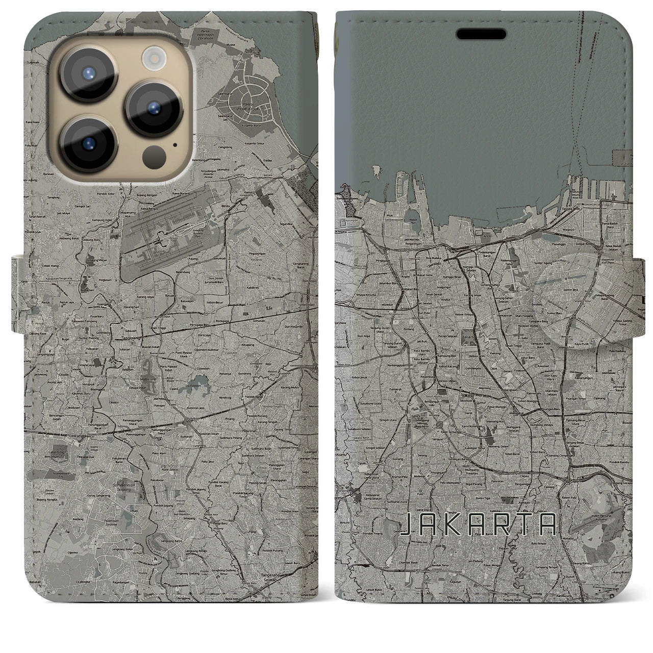 【ジャカルタ(インドネシア)】地図柄iPhoneケース(手帳タイプ)モノトーン・iPhone 14 Pro Max 用