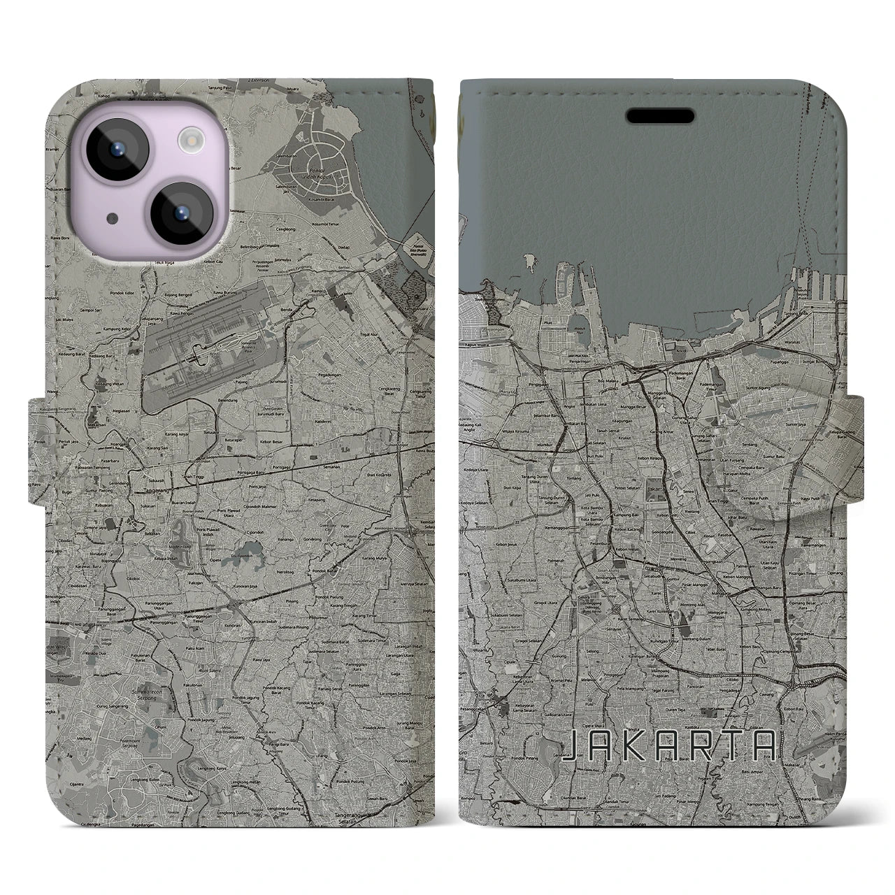 【ジャカルタ(インドネシア)】地図柄iPhoneケース(手帳タイプ)モノトーン・iPhone 14 用