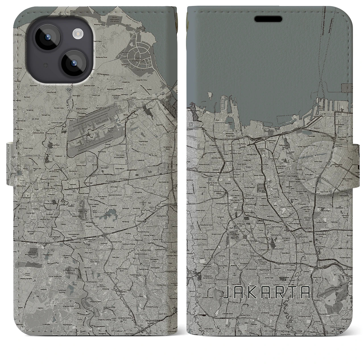 【ジャカルタ(インドネシア)】地図柄iPhoneケース(手帳タイプ)モノトーン・iPhone 14 Plus 用