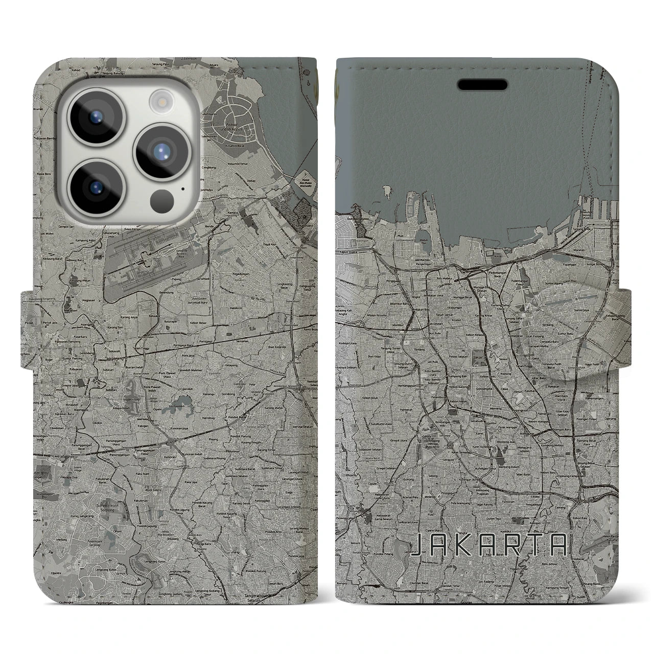 【ジャカルタ(インドネシア)】地図柄iPhoneケース(手帳タイプ)モノトーン・iPhone 15 Pro 用