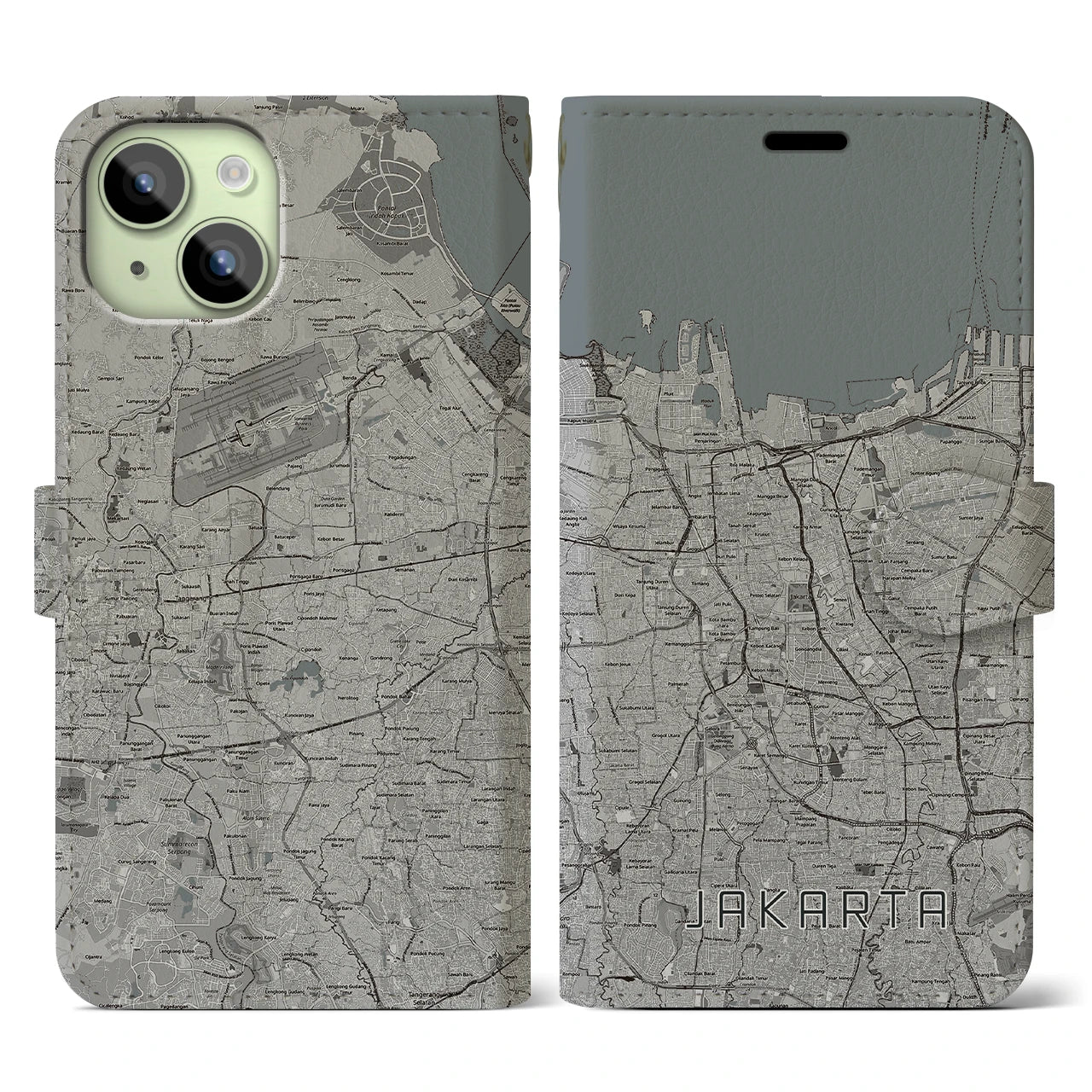 【ジャカルタ(インドネシア)】地図柄iPhoneケース(手帳タイプ)モノトーン・iPhone 15 用