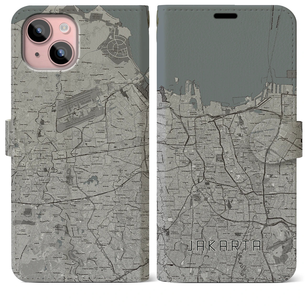 【ジャカルタ(インドネシア)】地図柄iPhoneケース(手帳タイプ)モノトーン・iPhone 15 Plus 用