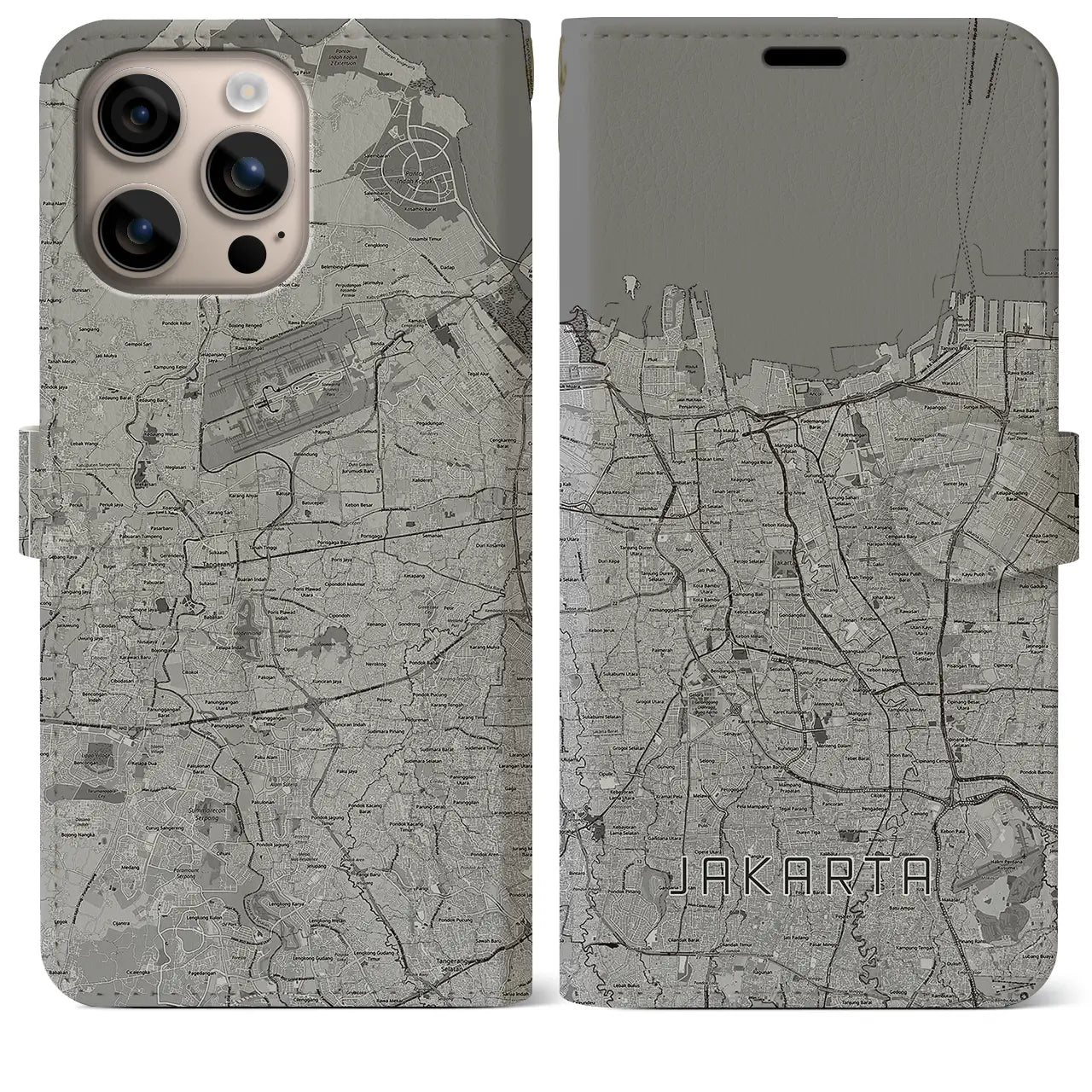 【ジャカルタ(インドネシア)】地図柄iPhoneケース(手帳タイプ)モノトーン・iPhone 16 Plus 用