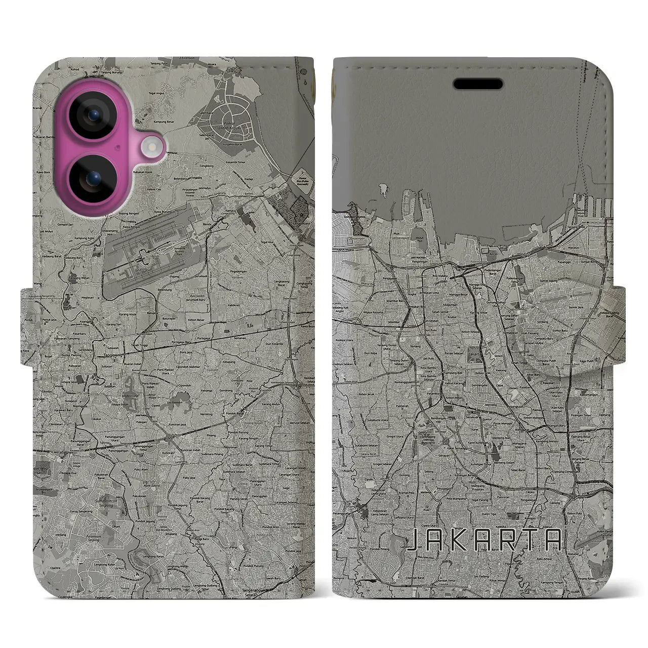 【ジャカルタ(インドネシア)】地図柄iPhoneケース(手帳タイプ)モノトーン・iPhone 16 Pro 用