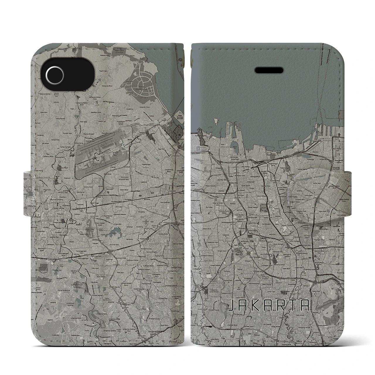 【ジャカルタ(インドネシア)】地図柄iPhoneケース(手帳タイプ)モノトーン・iPhone SE(第3 / 第2世代) / 8 / 7 / 6s / 6 用