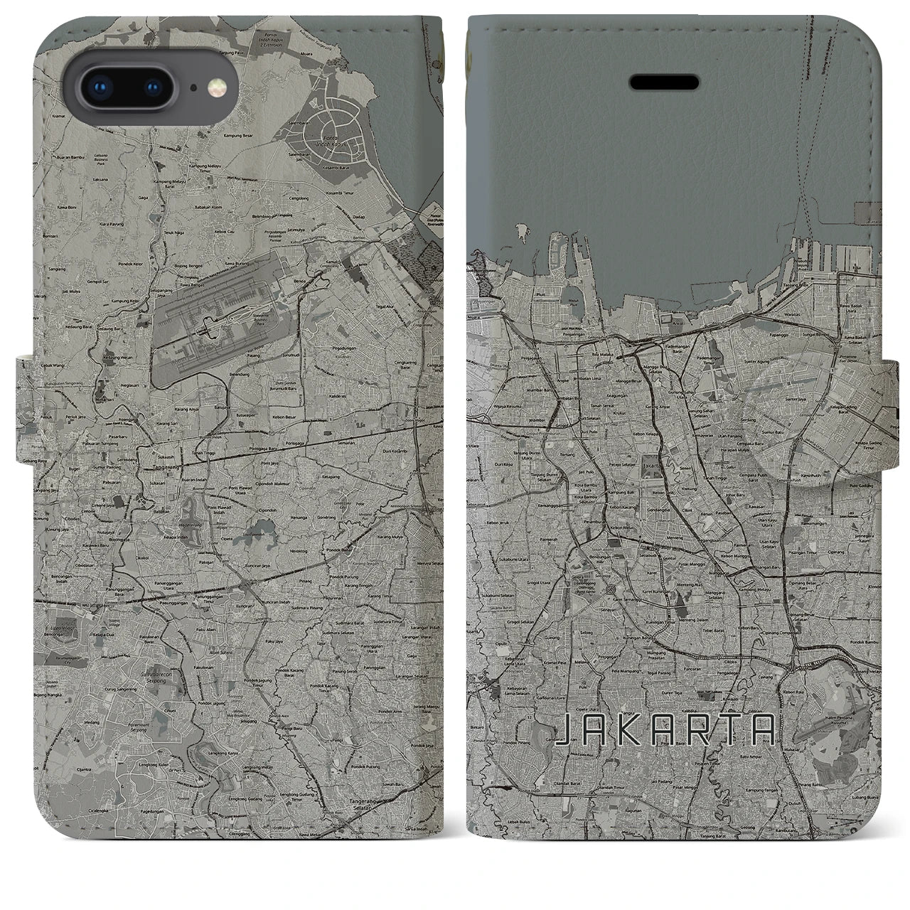 【ジャカルタ(インドネシア)】地図柄iPhoneケース(手帳タイプ)モノトーン・iPhone 8Plus /7Plus / 6sPlus / 6Plus 用