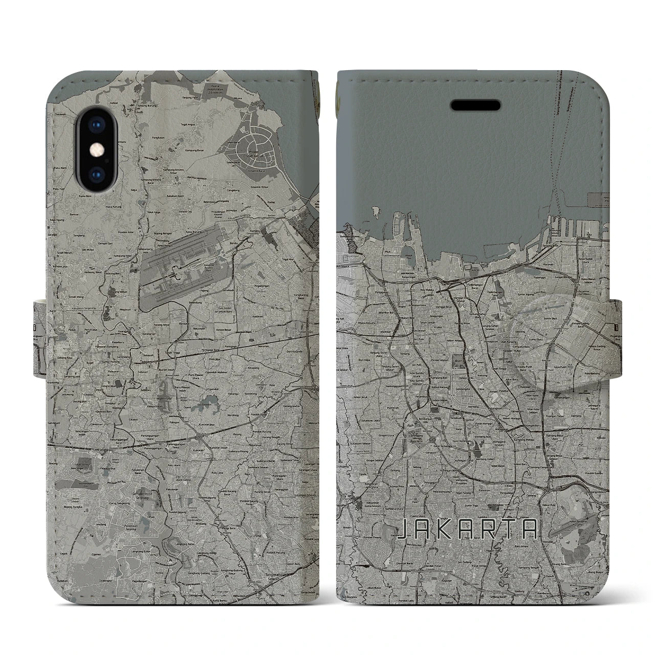 【ジャカルタ(インドネシア)】地図柄iPhoneケース(手帳タイプ)モノトーン・iPhone XS / X 用