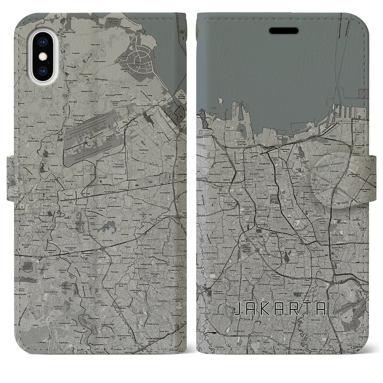 【ジャカルタ(インドネシア)】地図柄iPhoneケース(手帳タイプ)モノトーン・iPhone XS Max 用