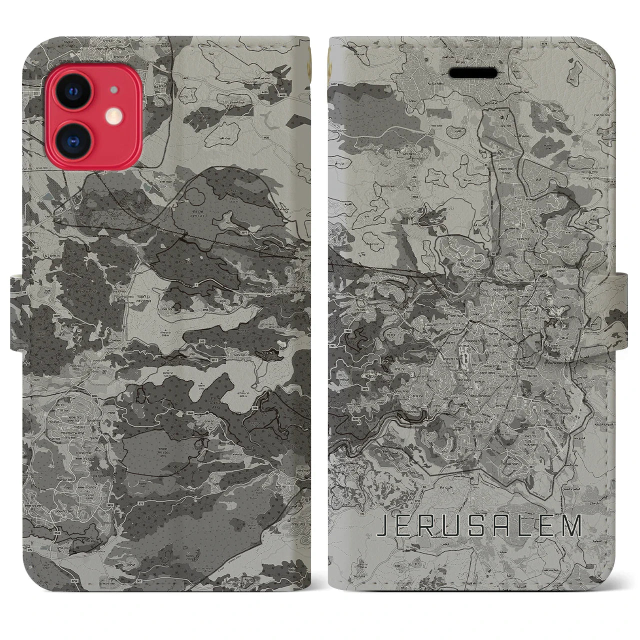 【エルサレム(イスラエル)】地図柄iPhoneケース(手帳タイプ)モノトーン・iPhone 11 用