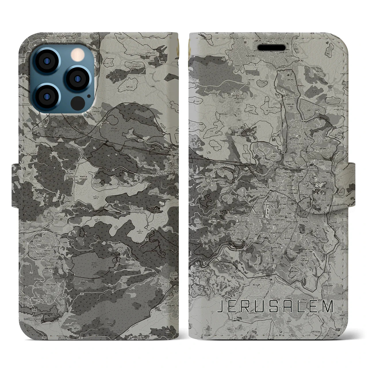 【エルサレム(イスラエル)】地図柄iPhoneケース(手帳タイプ)モノトーン・iPhone 12 / 12 Pro 用