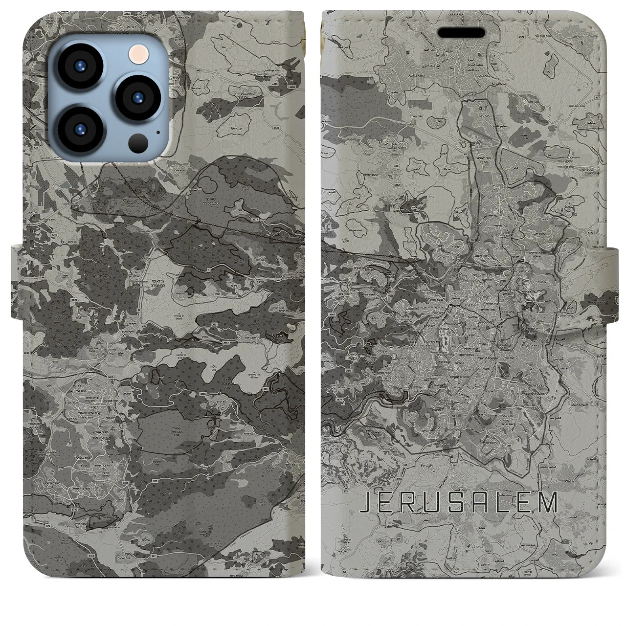 【エルサレム(イスラエル)】地図柄iPhoneケース(手帳タイプ)モノトーン・iPhone 13 Pro Max 用