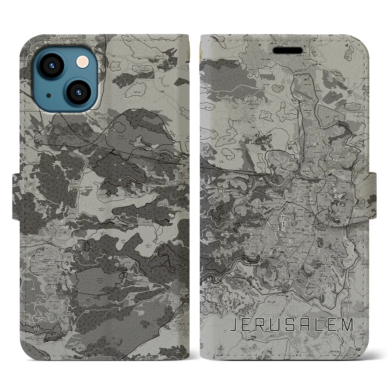 【エルサレム(イスラエル)】地図柄iPhoneケース(手帳タイプ)モノトーン・iPhone 13 用