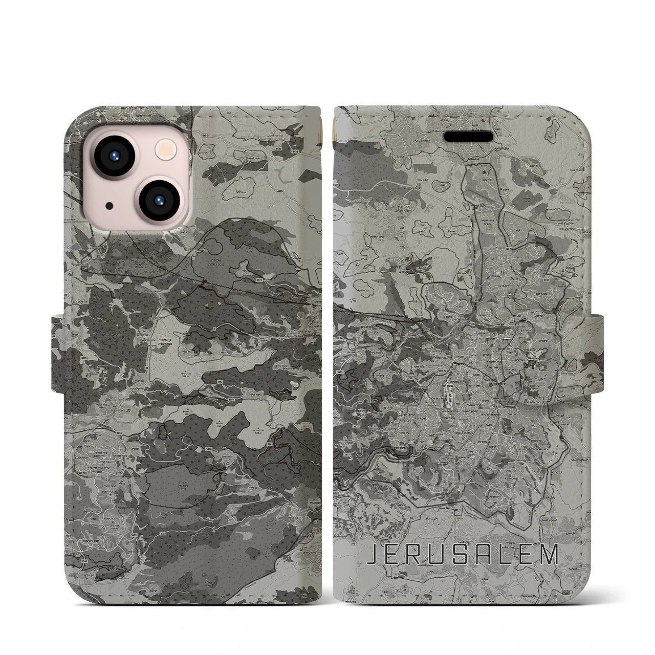 【エルサレム(イスラエル)】地図柄iPhoneケース(手帳タイプ)モノトーン・iPhone 13 mini 用