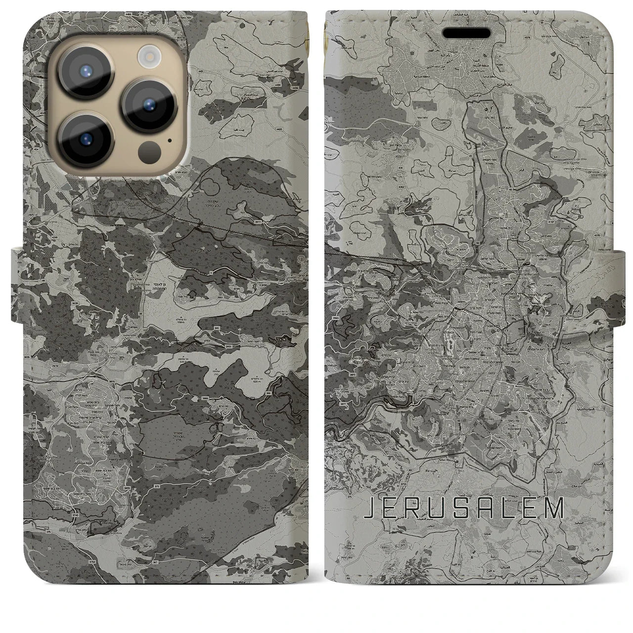【エルサレム(イスラエル)】地図柄iPhoneケース(手帳タイプ)モノトーン・iPhone 14 Pro Max 用