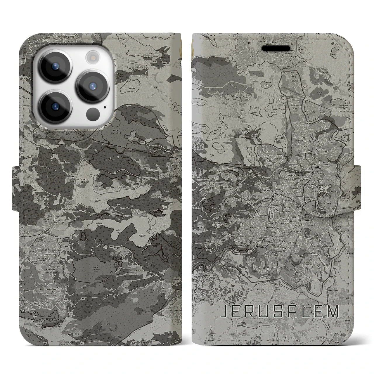 【エルサレム(イスラエル)】地図柄iPhoneケース(手帳タイプ)モノトーン・iPhone 14 Pro 用