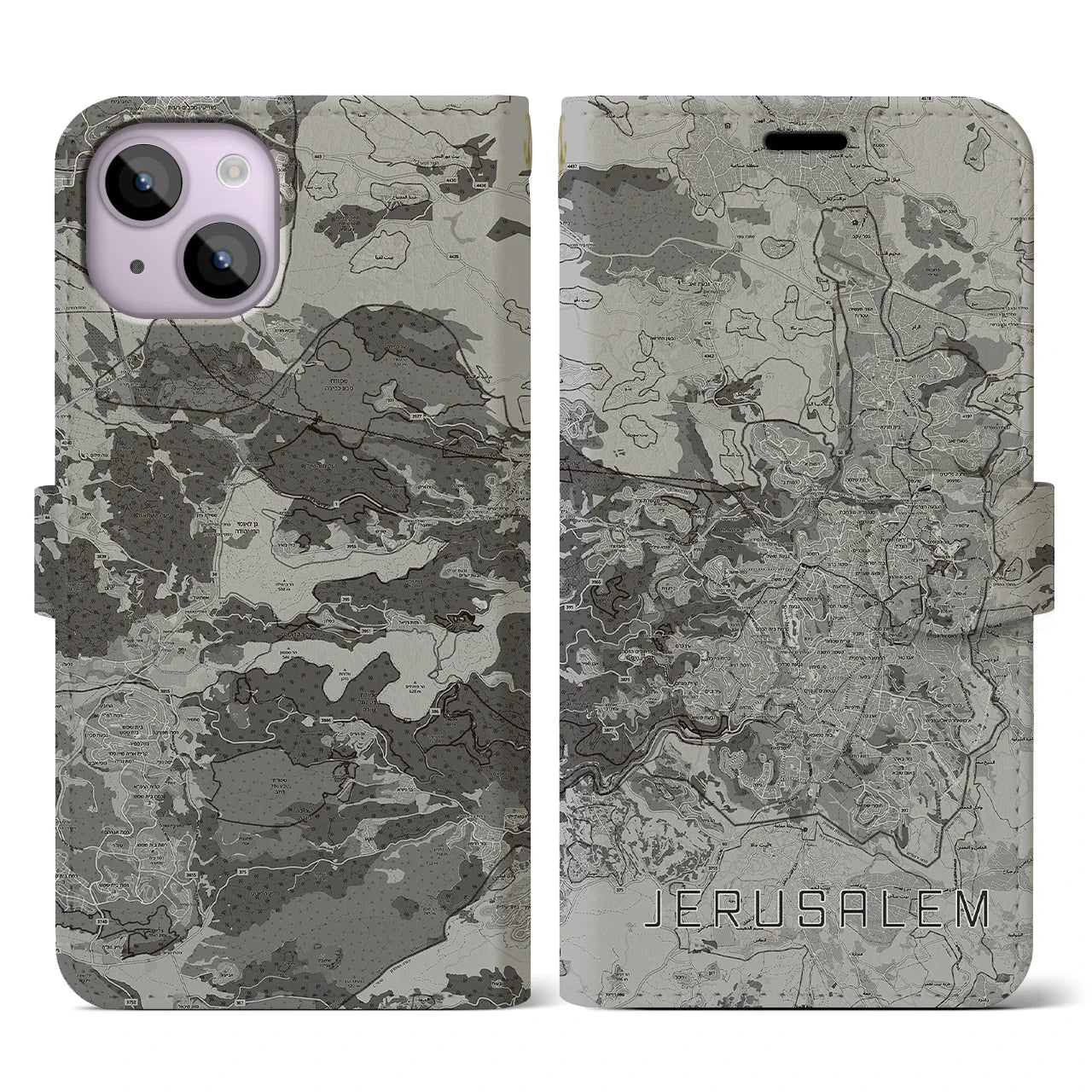 【エルサレム(イスラエル)】地図柄iPhoneケース(手帳タイプ)モノトーン・iPhone 14 用