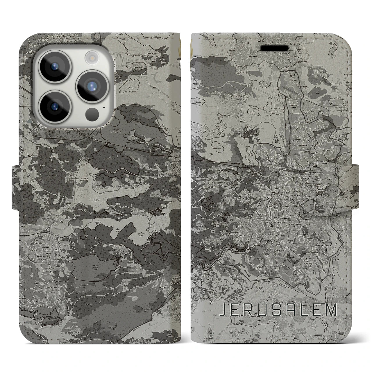 【エルサレム(イスラエル)】地図柄iPhoneケース(手帳タイプ)モノトーン・iPhone 15 Pro 用