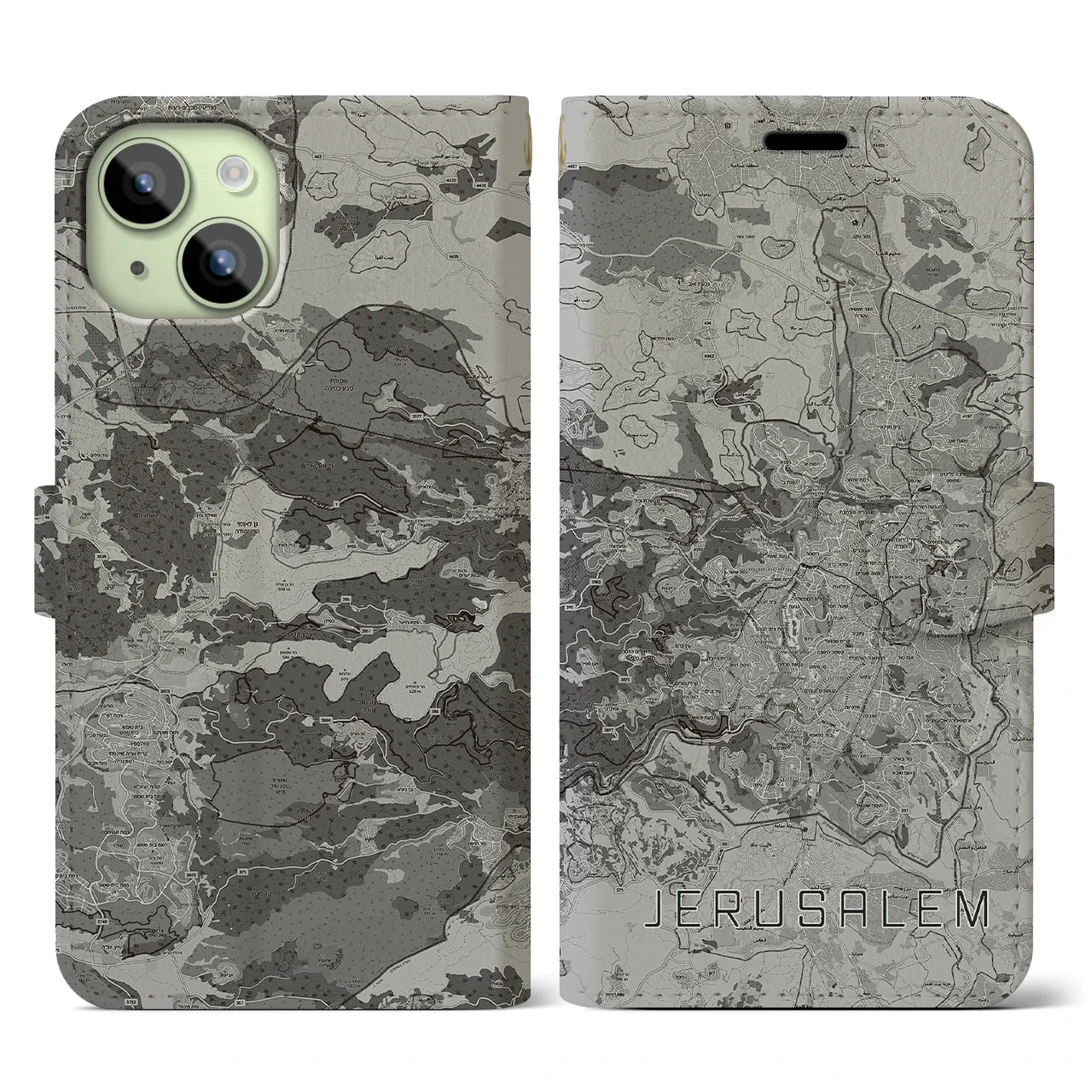【エルサレム(イスラエル)】地図柄iPhoneケース(手帳タイプ)モノトーン・iPhone 15 用