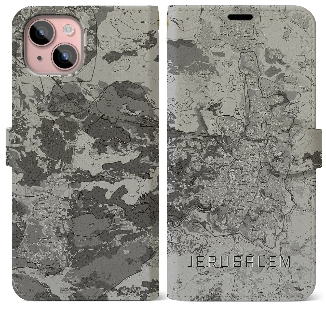 【エルサレム(イスラエル)】地図柄iPhoneケース(手帳タイプ)モノトーン・iPhone 15 Plus 用