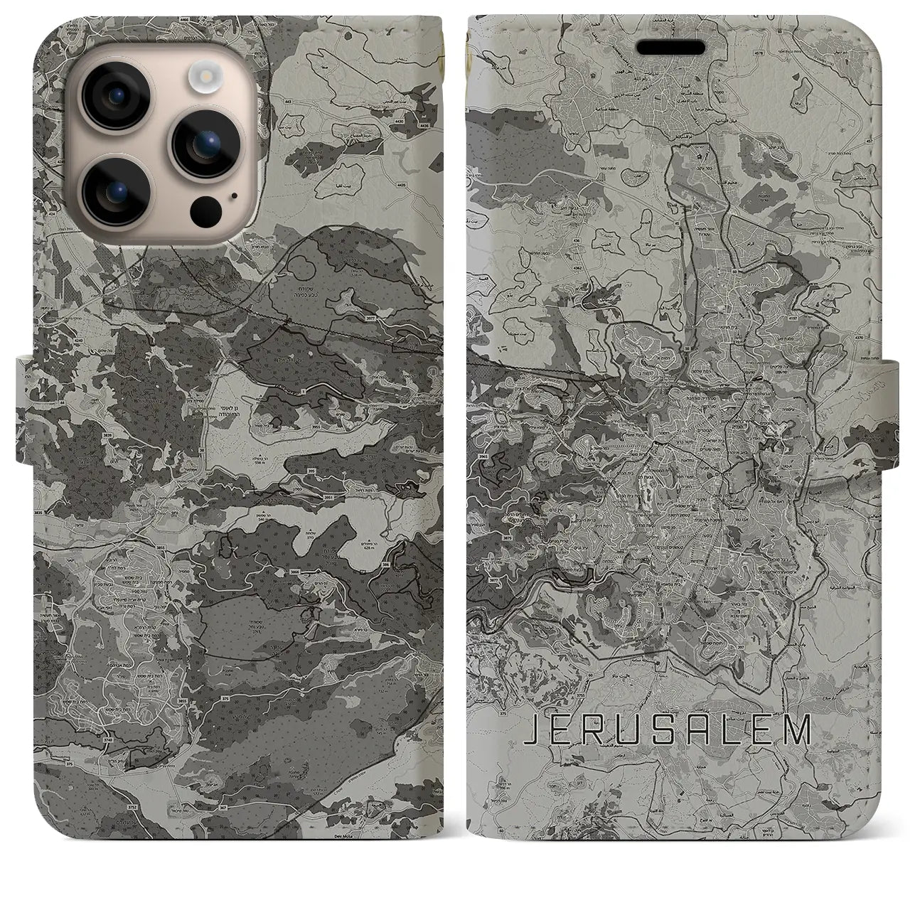 【エルサレム(イスラエル)】地図柄iPhoneケース(手帳タイプ)モノトーン・iPhone 16 Plus 用