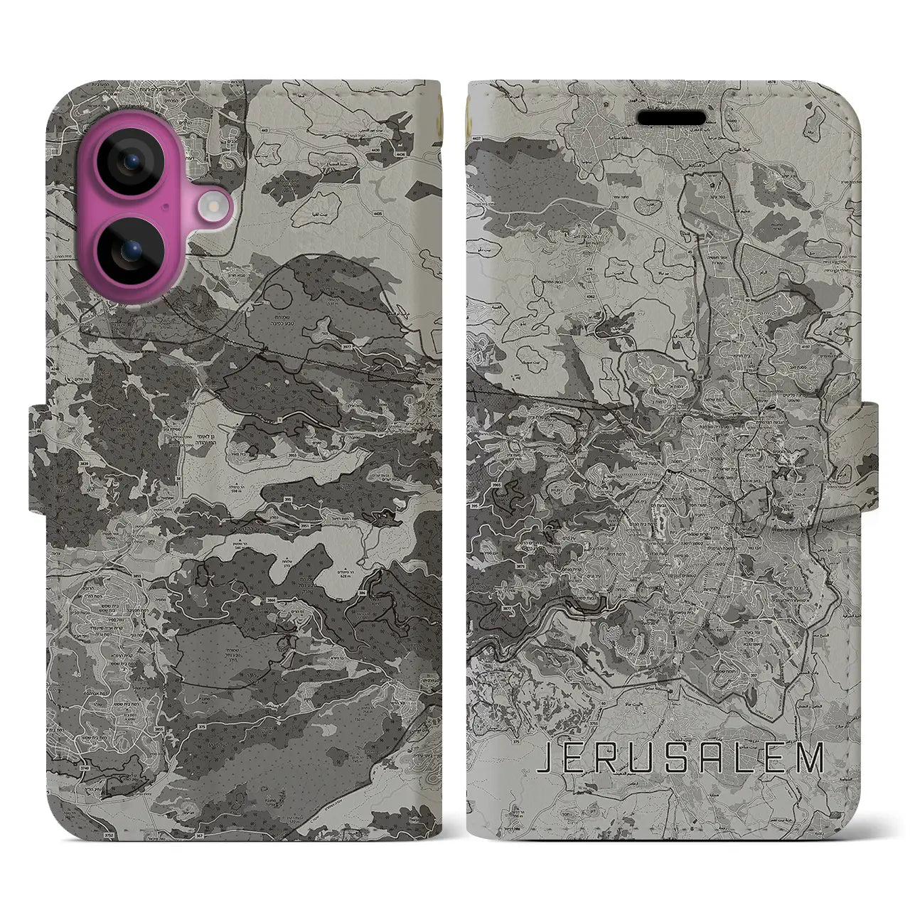 【エルサレム(イスラエル)】地図柄iPhoneケース(手帳タイプ)モノトーン・iPhone 16 Pro 用