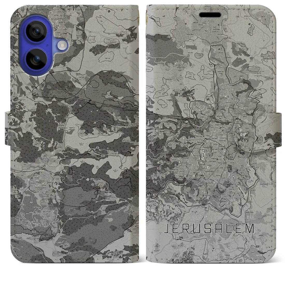 【エルサレム(イスラエル)】地図柄iPhoneケース(手帳タイプ)モノトーン・iPhone 16 Pro Max 用