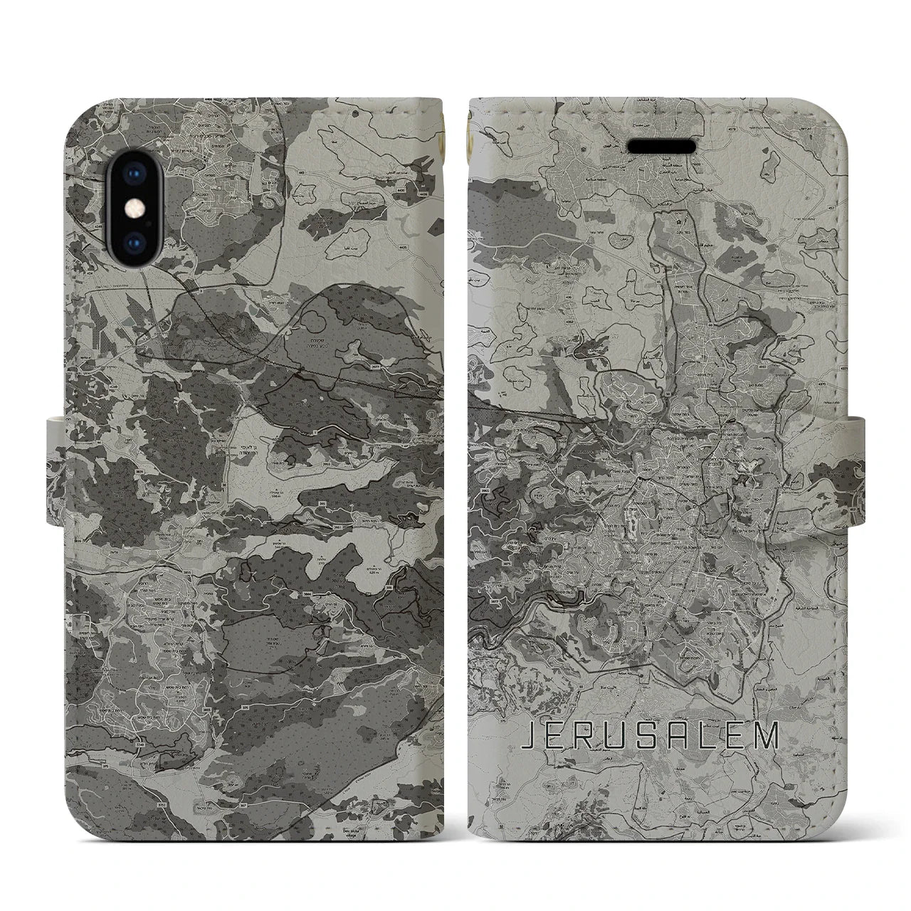 【エルサレム(イスラエル)】地図柄iPhoneケース(手帳タイプ)モノトーン・iPhone XS / X 用