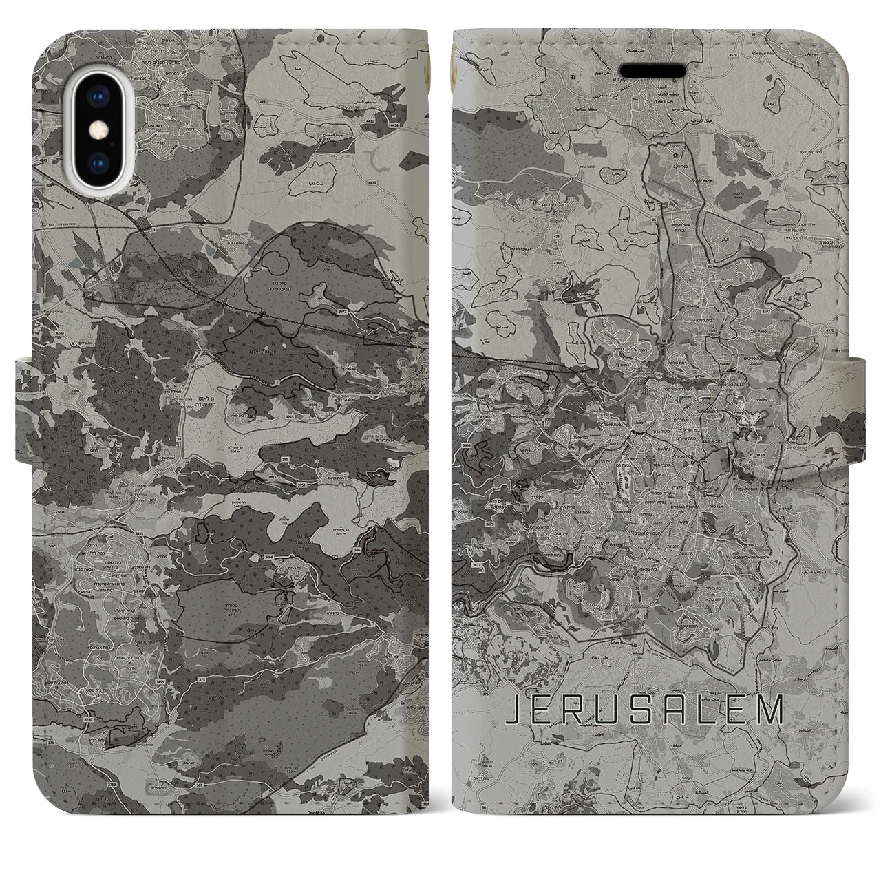 【エルサレム(イスラエル)】地図柄iPhoneケース(手帳タイプ)モノトーン・iPhone XS Max 用