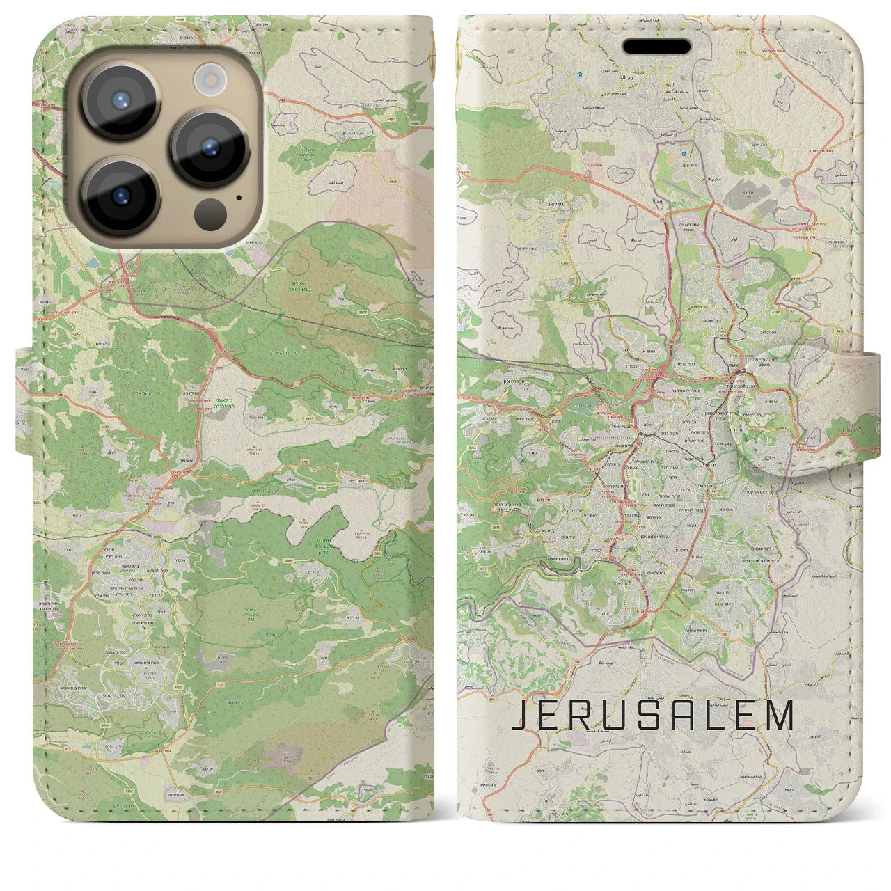 【エルサレム(イスラエル)】地図柄iPhoneケース(手帳タイプ)ナチュラル・iPhone 14 Pro Max 用