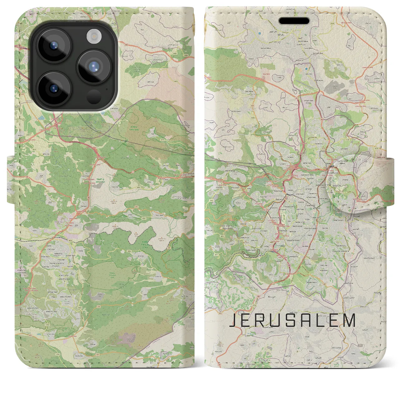 【エルサレム(イスラエル)】地図柄iPhoneケース(手帳タイプ)ナチュラル・iPhone 15 Pro Max 用