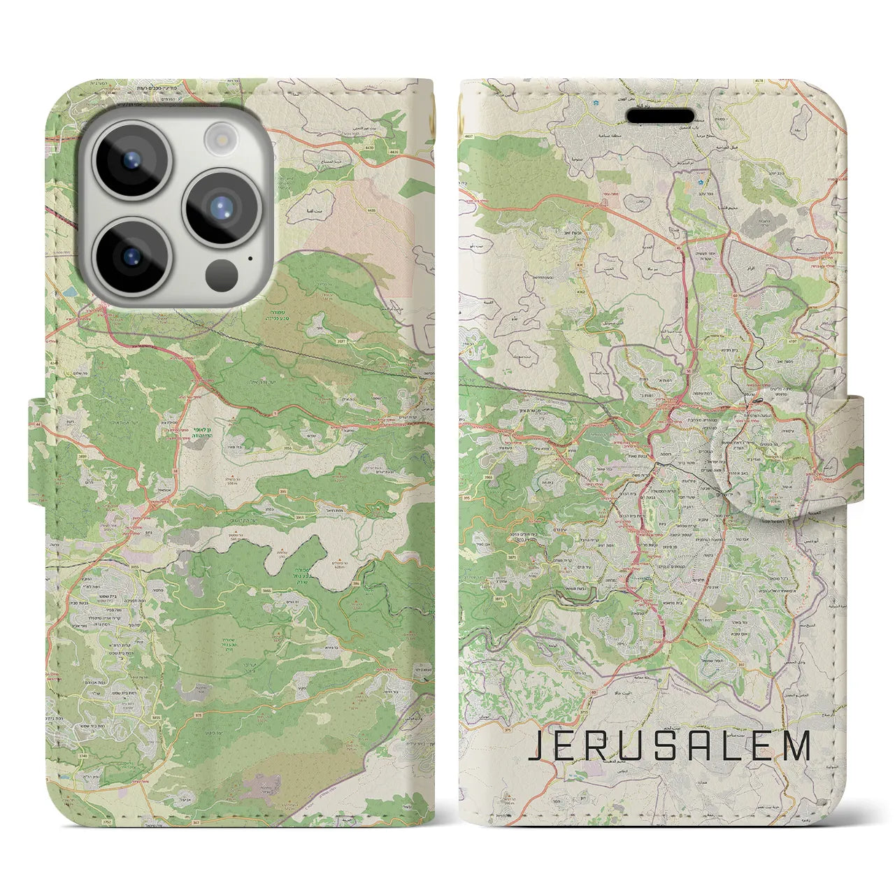 【エルサレム(イスラエル)】地図柄iPhoneケース(手帳タイプ)ナチュラル・iPhone 15 Pro 用