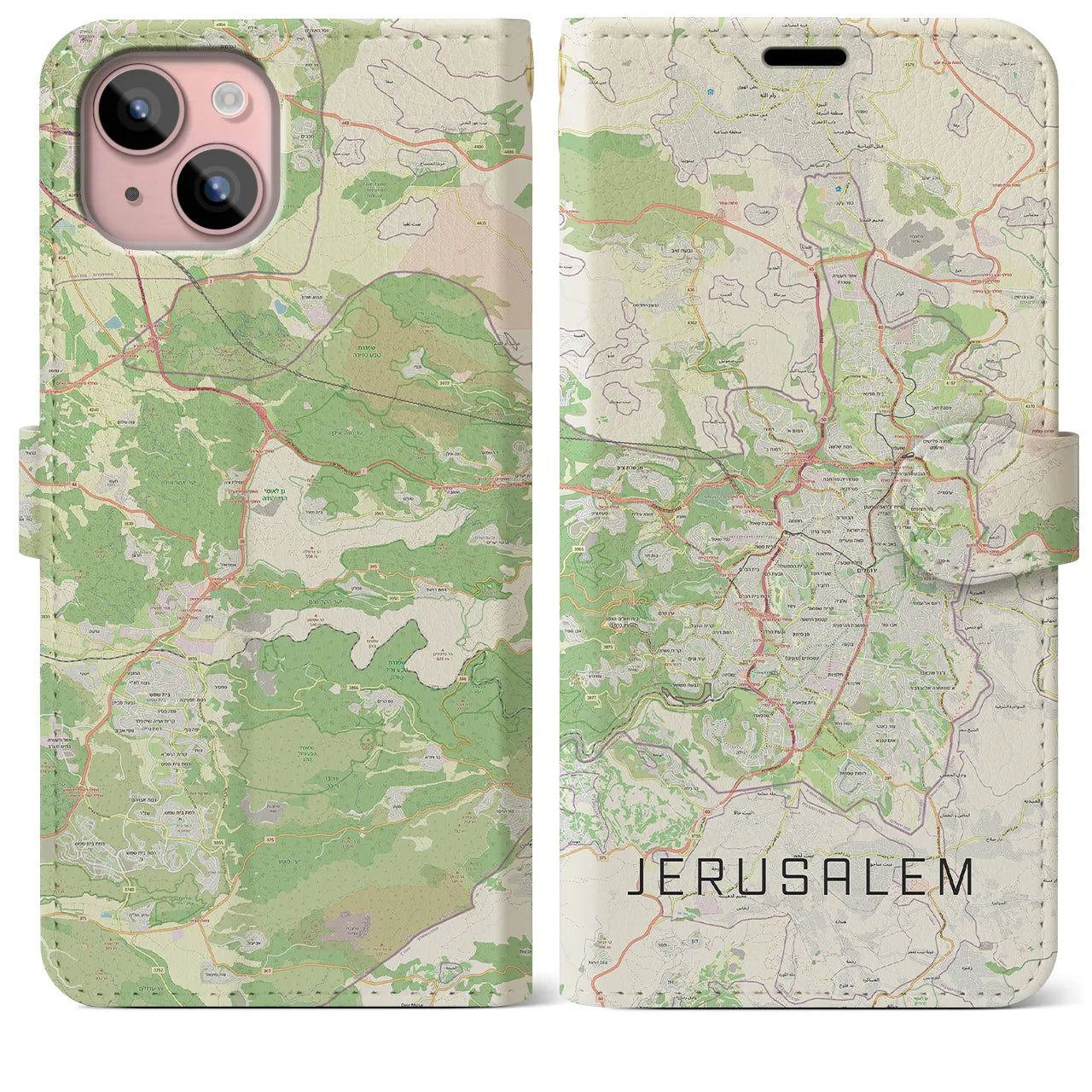 【エルサレム(イスラエル)】地図柄iPhoneケース(手帳タイプ)ナチュラル・iPhone 15 Plus 用