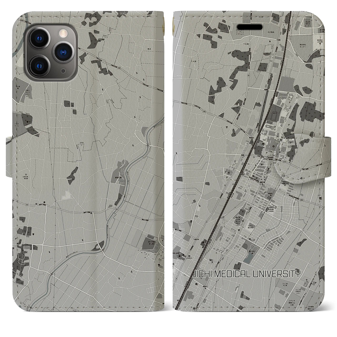 【自治医大(栃木県)】地図柄iPhoneケース(手帳タイプ)モノトーン・iPhone 11 Pro Max 用