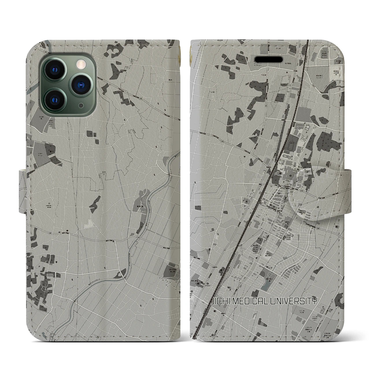 【自治医大(栃木県)】地図柄iPhoneケース(手帳タイプ)モノトーン・iPhone 11 Pro 用