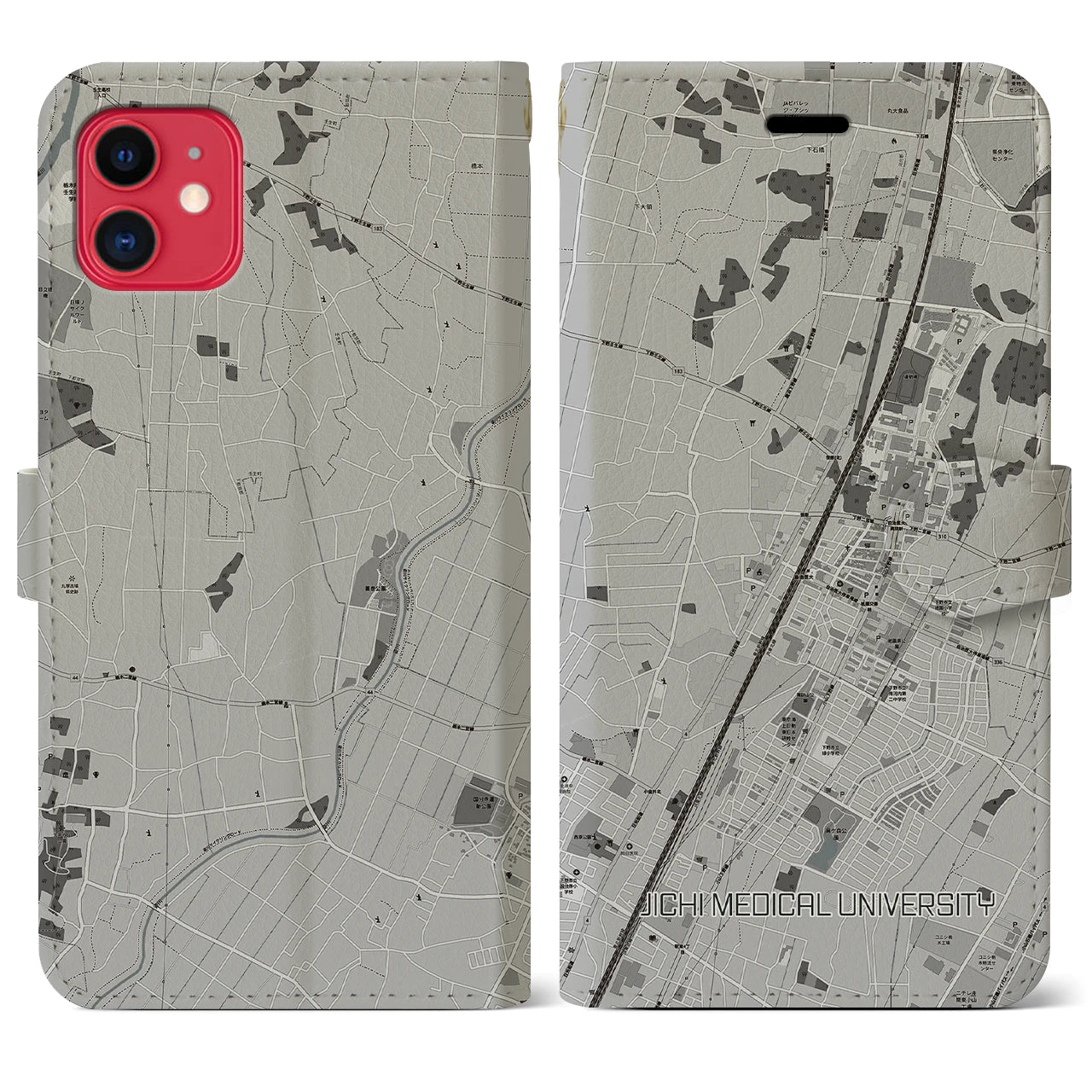 【自治医大(栃木県)】地図柄iPhoneケース(手帳タイプ)モノトーン・iPhone 11 用