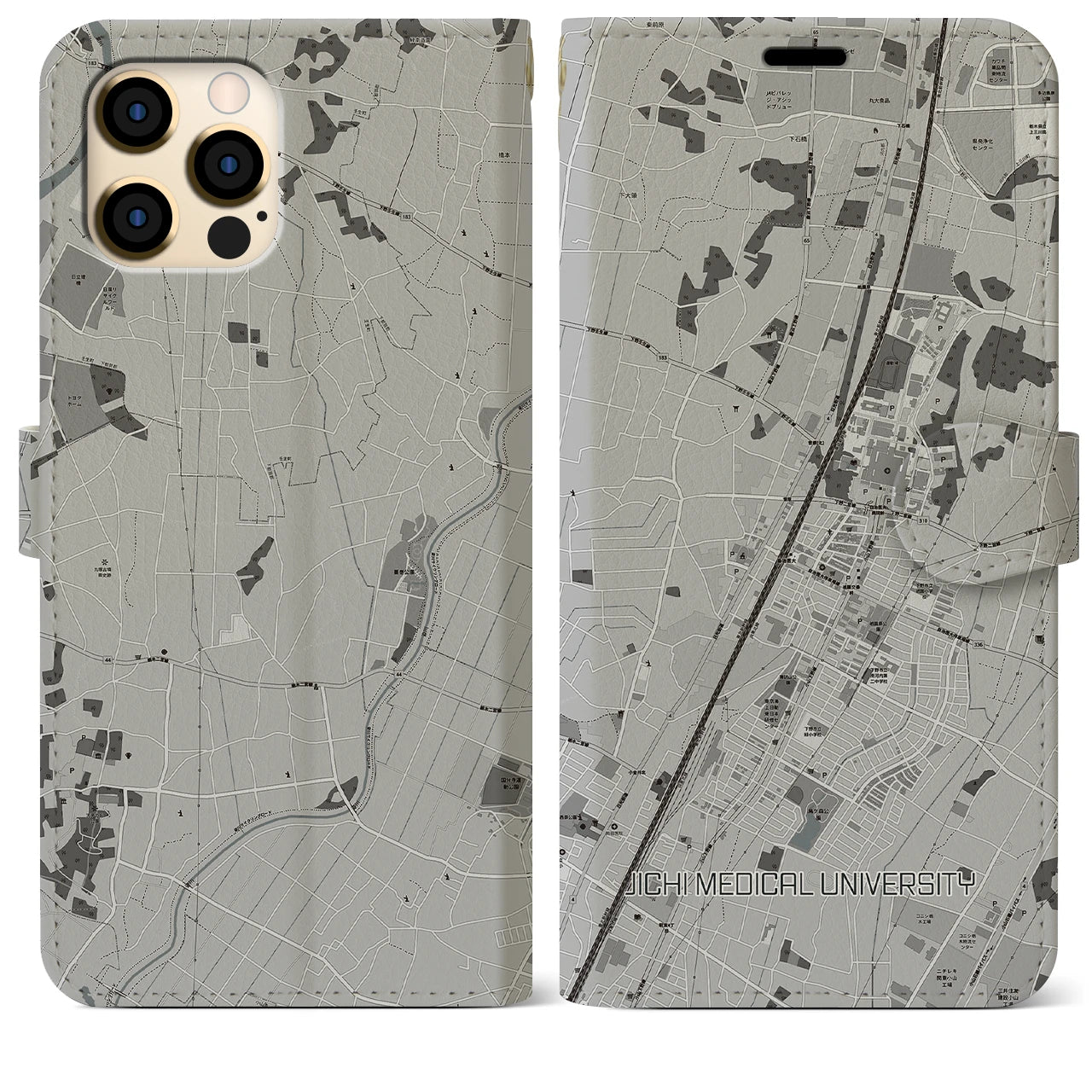 【自治医大(栃木県)】地図柄iPhoneケース(手帳タイプ)モノトーン・iPhone 12 Pro Max 用