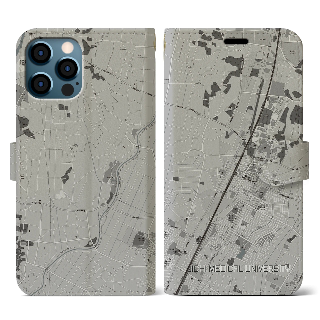 【自治医大(栃木県)】地図柄iPhoneケース(手帳タイプ)モノトーン・iPhone 12 / 12 Pro 用