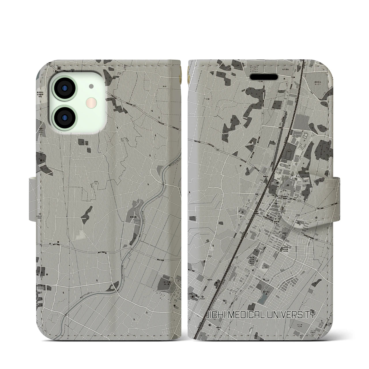 【自治医大(栃木県)】地図柄iPhoneケース(手帳タイプ)モノトーン・iPhone 12 mini 用